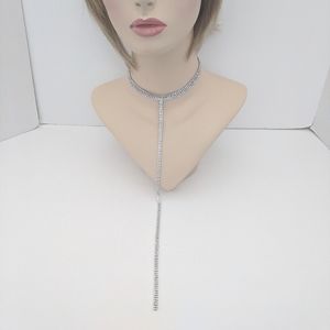 Silver Rhinestone Choker Long Tassel Necklace